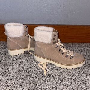 Women's Beige Lace-Up Boots with Faux Fur Lining
